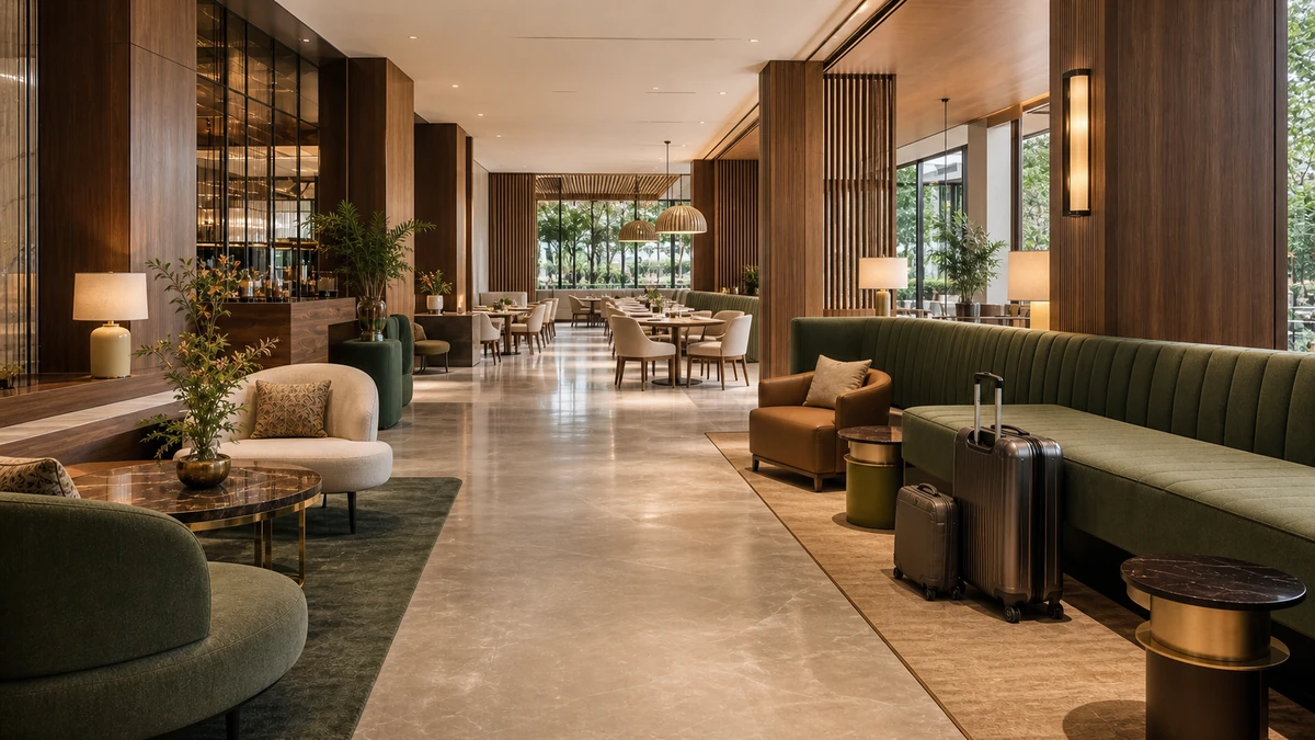 Titelbild zum Ratgeber: Hotelausstattung ganzheitlich planen: Lobby, Zimmer und Restaurant als Materialfamilie