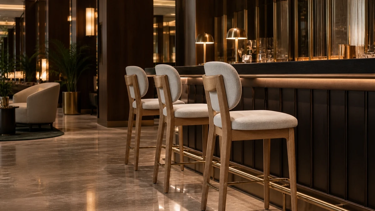 Titelbild zum Ratgeber: Hotelbar-Möbel: Tresenstühle, Fußrasten und Bezugsabrieb im Abendbetrieb