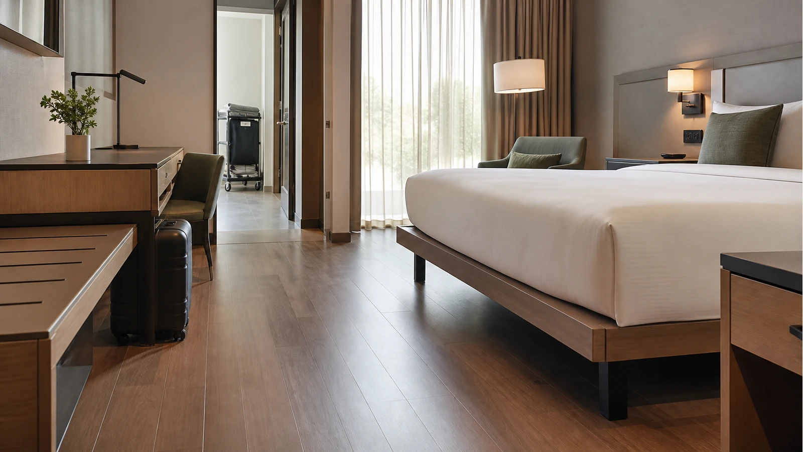 Professionelles redaktionelles Titelbild zum Beitrag: Effizienz im Zimmerservice: Konstruktionsmerkmale für Housekeeping-freundliche Hotelmöbel