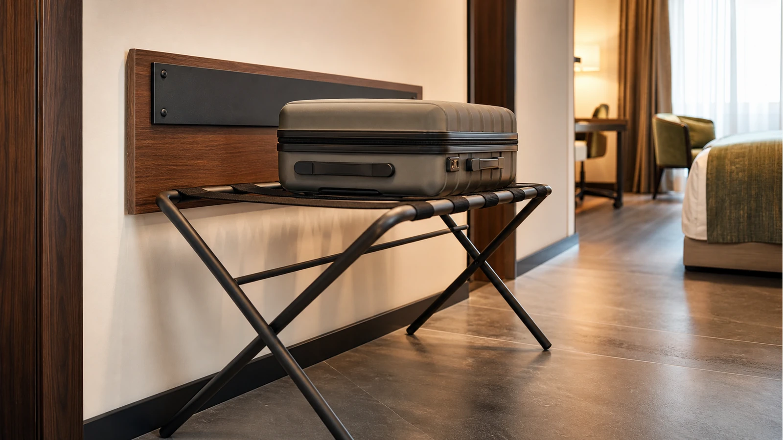 Professionelles redaktionelles Titelbild zum Beitrag: Kofferablagen im Hotelzimmer: Konstruktive Anforderungen und Verschleißmanagement